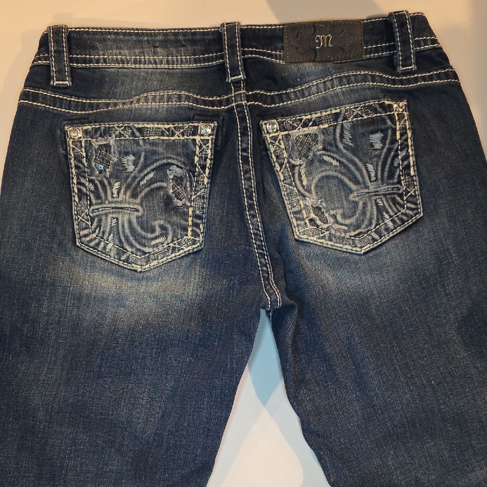 Miss Me Indigo Boot Cut Jeans with Intricate Stitching